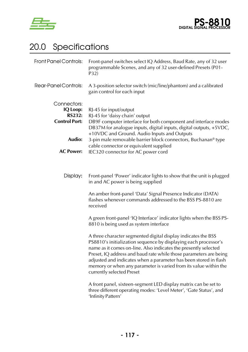 0 specifications, Ps-8810 | BSS Audio Prosys PS-8810 Owner's Manual User Manual | Page 117 / 121