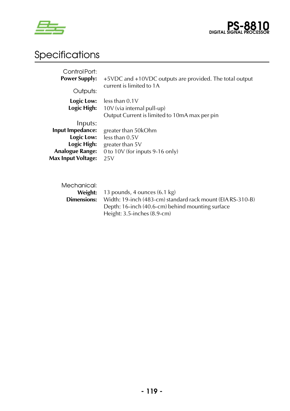Ps-8810, Specifications | BSS Audio Prosys PS-8810 Owner's Manual User Manual | Page 119 / 121