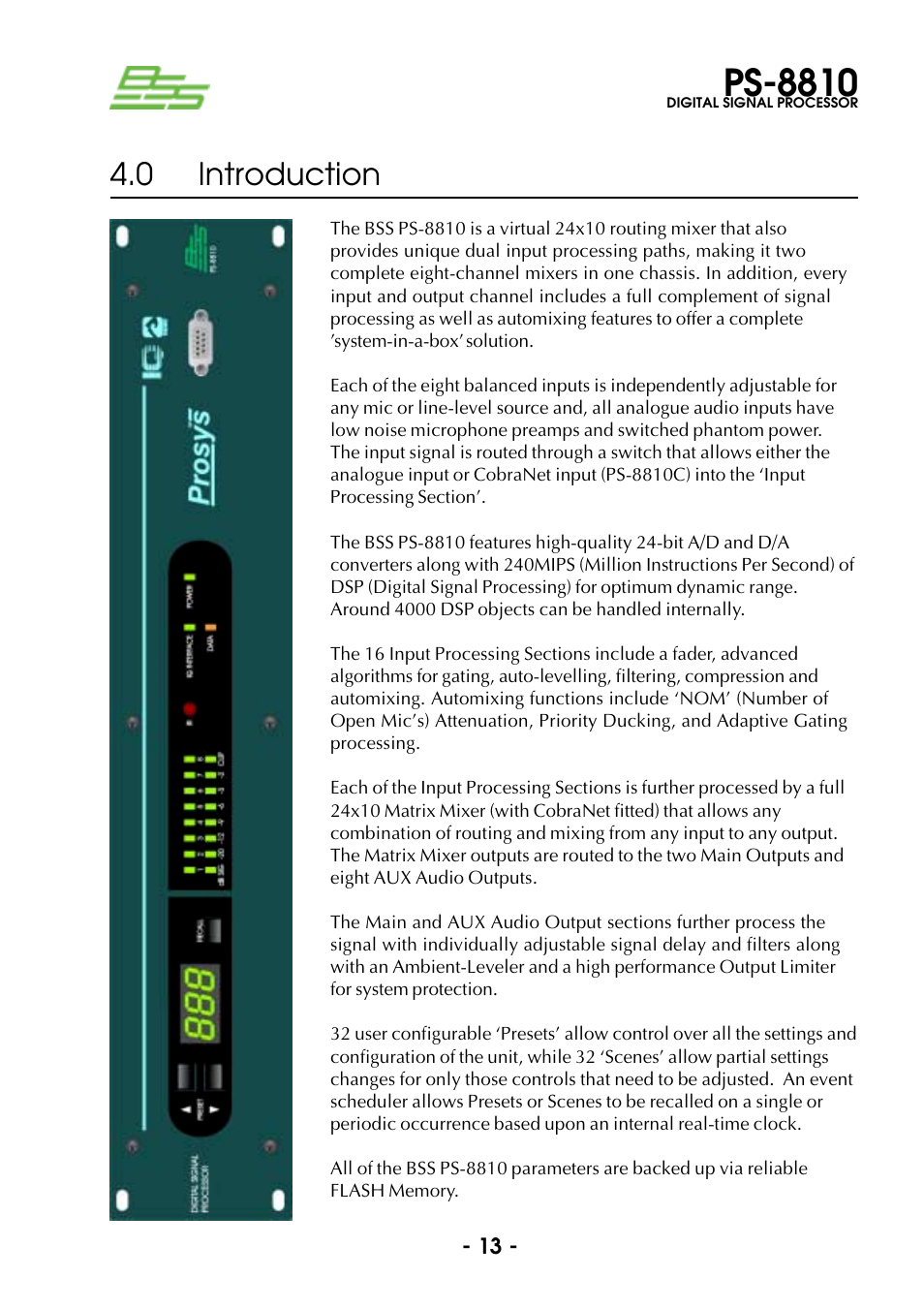 0 introduction, Ps-8810 | BSS Audio Prosys PS-8810 Owner's Manual User Manual | Page 13 / 121