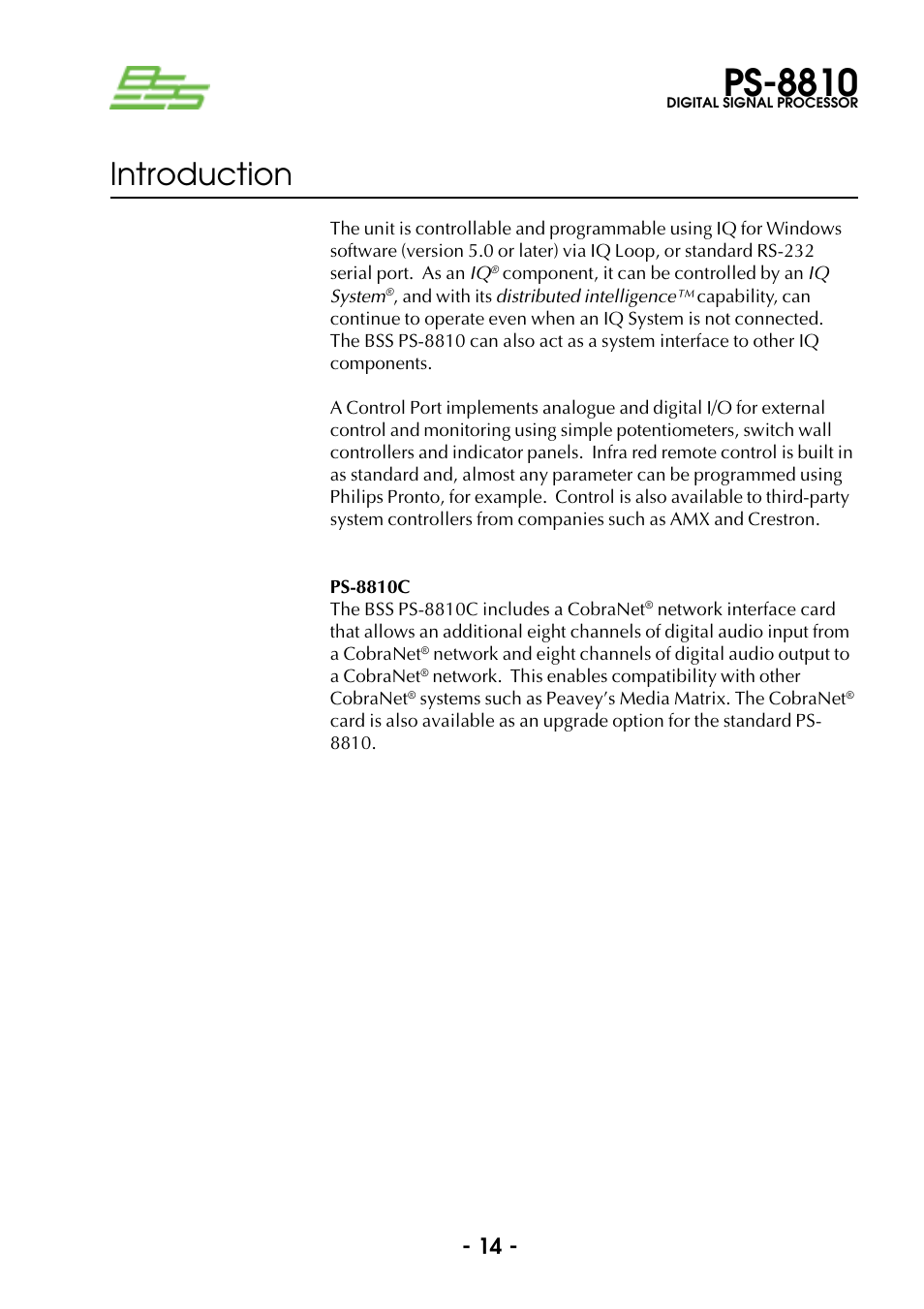 Ps-8810, Introduction | BSS Audio Prosys PS-8810 Owner's Manual User Manual | Page 14 / 121