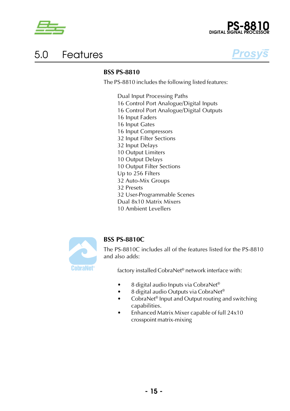 0 features, Ps-8810 | BSS Audio Prosys PS-8810 Owner's Manual User Manual | Page 15 / 121