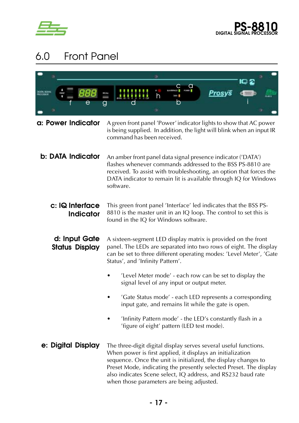 B: data indicator, A: power indicator, C: iq interface indicator | D: input gate status display, E: digital display, Ps-8810, 0 front panel | BSS Audio Prosys PS-8810 Owner's Manual User Manual | Page 17 / 121