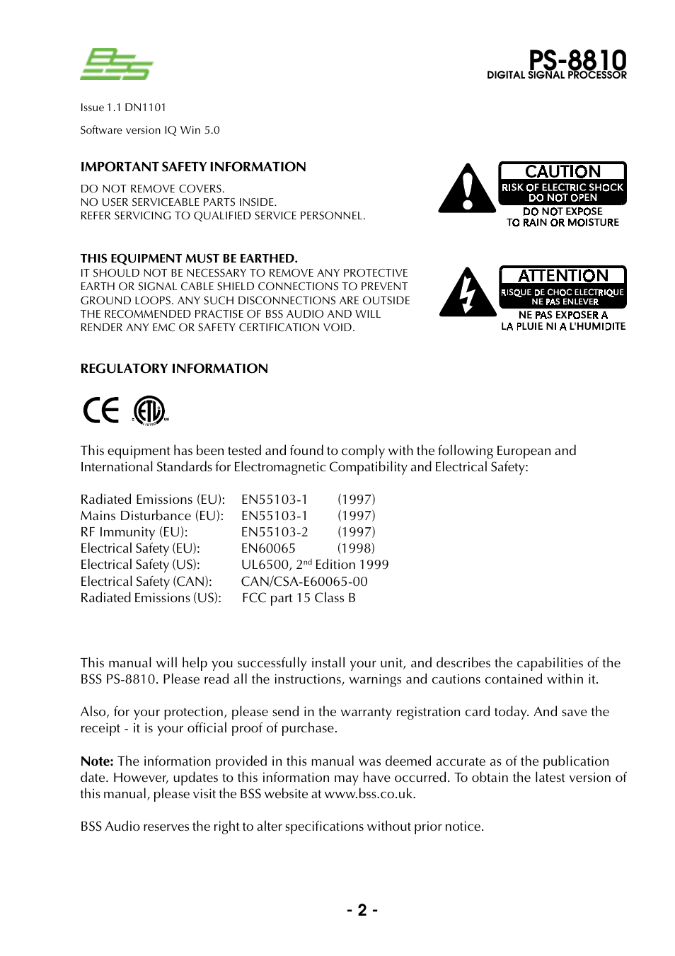 Ps-8810 | BSS Audio Prosys PS-8810 Owner's Manual User Manual | Page 2 / 121