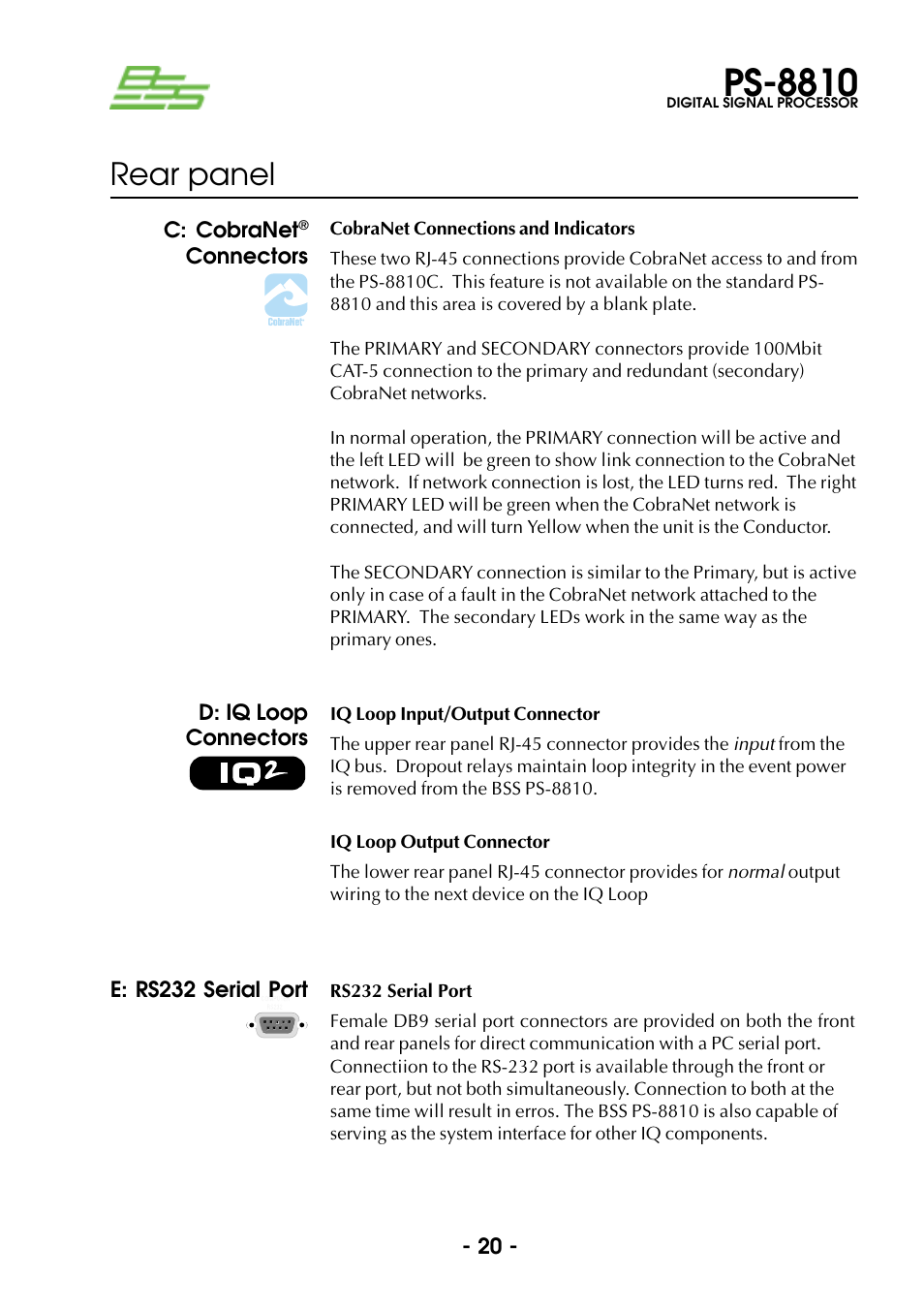 C: cobranet® connectors, E: rs232 serial port, D: iq loop connectors | Ps-8810, Rear panel | BSS Audio Prosys PS-8810 Owner's Manual User Manual | Page 20 / 121