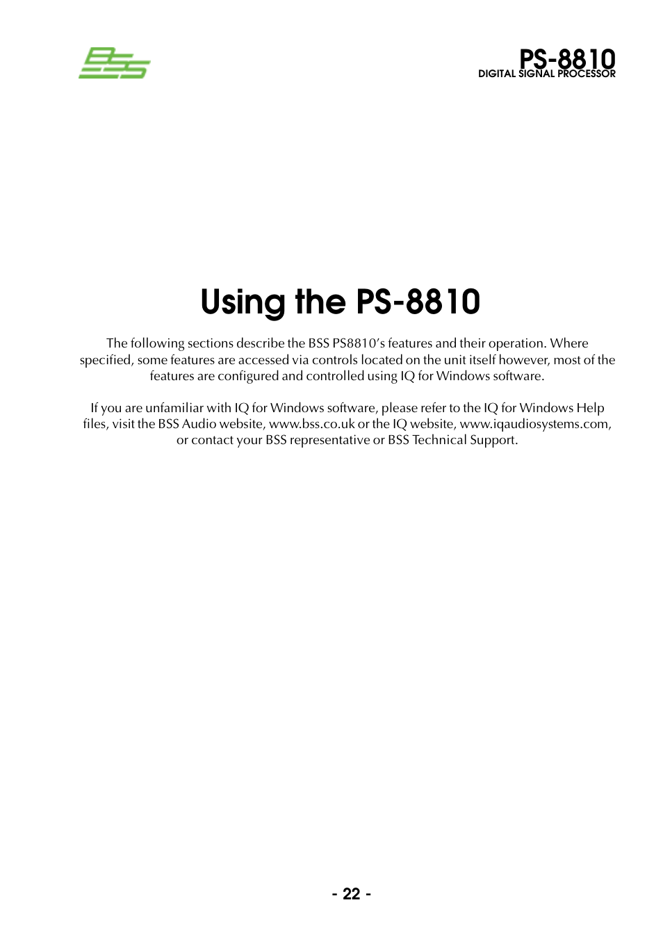 Using the ps-8810, Ps-8810 | BSS Audio Prosys PS-8810 Owner's Manual User Manual | Page 22 / 121
