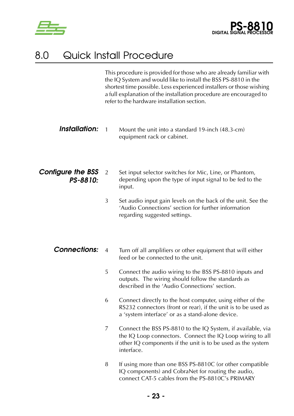 0 quick install procedure, Ps-8810 | BSS Audio Prosys PS-8810 Owner's Manual User Manual | Page 23 / 121