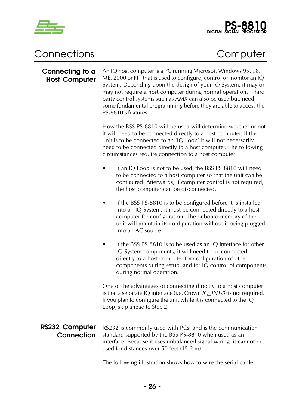 Connecting to a host computer, Rs232 computer connection, Ps-8810 | Connections computer | BSS Audio Prosys PS-8810 Owner's Manual User Manual | Page 26 / 121