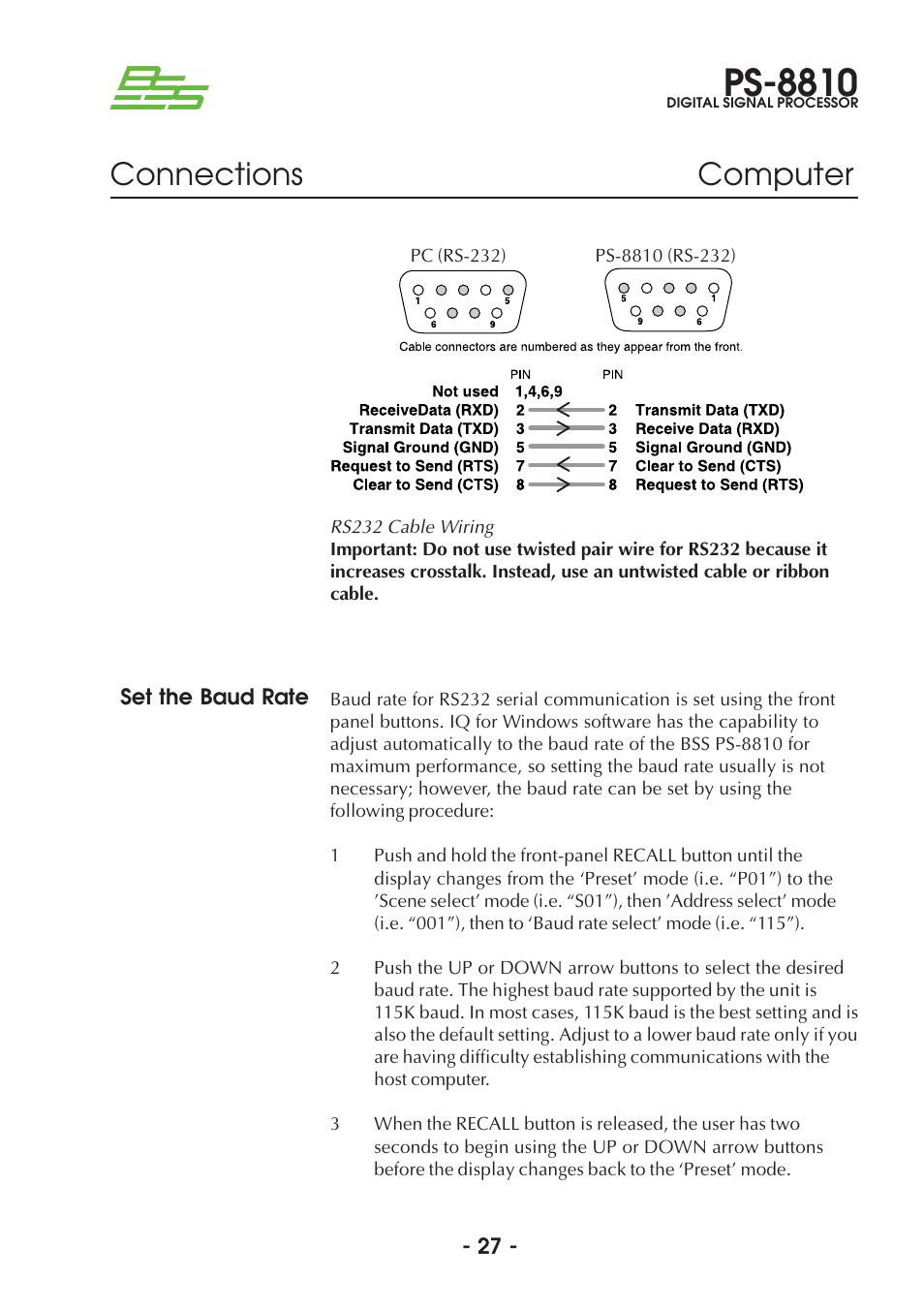 Ps-8810, Connections computer | BSS Audio Prosys PS-8810 Owner's Manual User Manual | Page 27 / 121