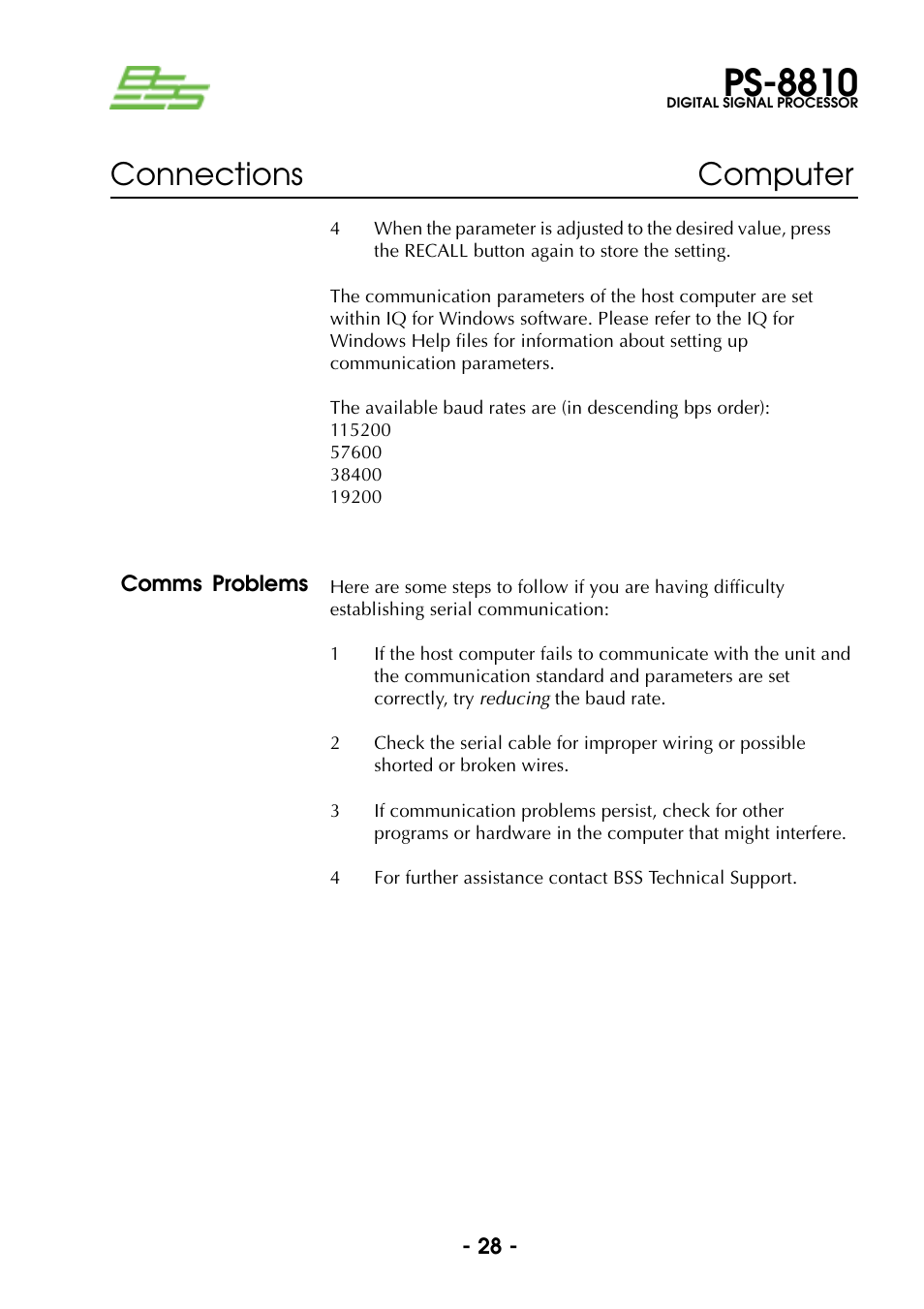 Comms problems, Ps-8810, Connections computer | BSS Audio Prosys PS-8810 Owner's Manual User Manual | Page 28 / 121