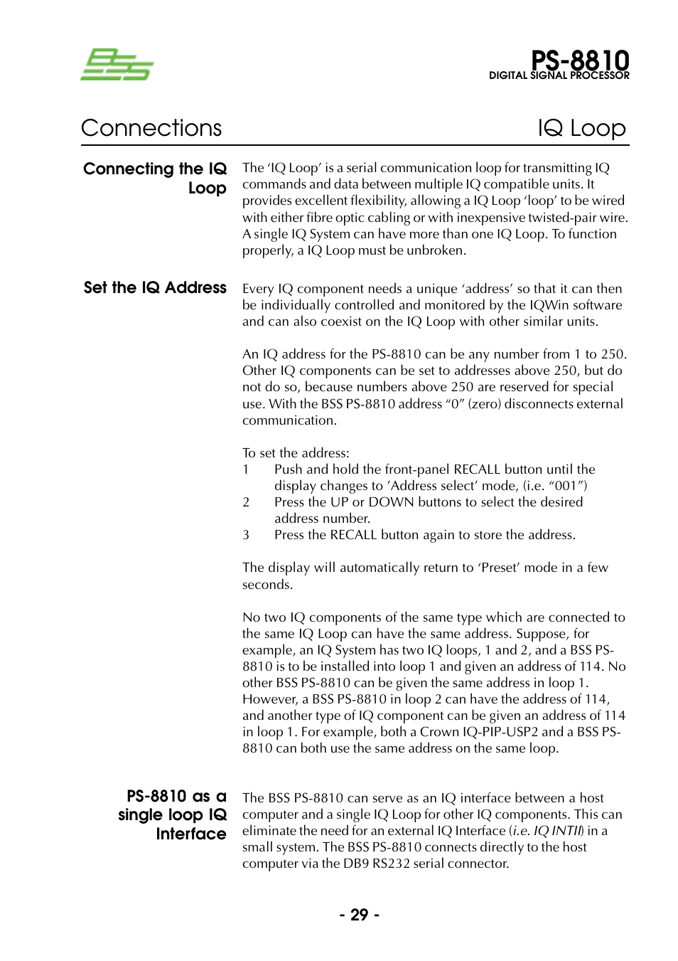 Connecting the iq loop, Set the iq address, Ps-8810 as a single loop iq interface | Ps-8810, Connections iq loop | BSS Audio Prosys PS-8810 Owner's Manual User Manual | Page 29 / 121