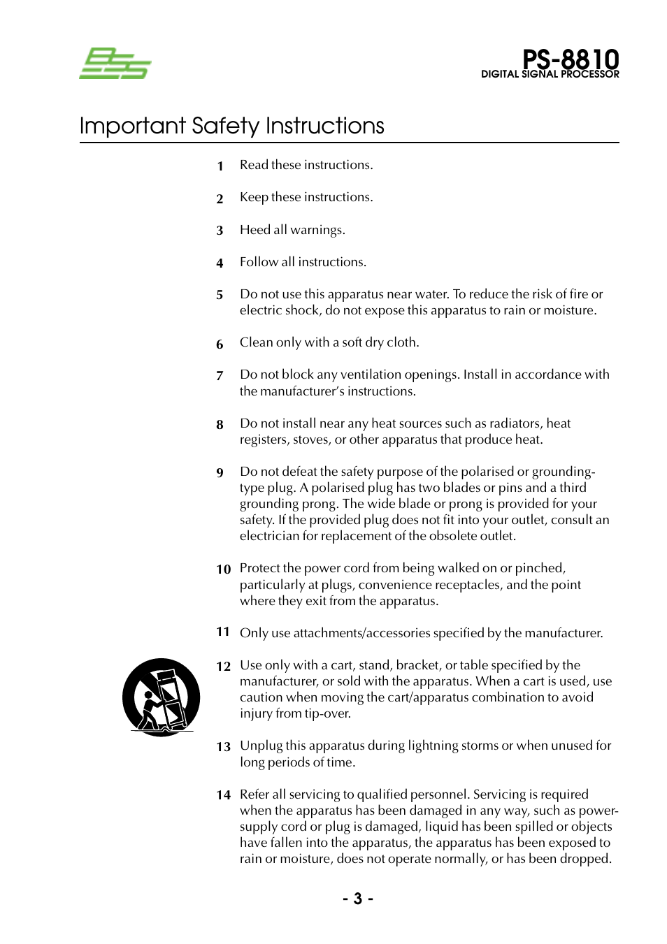 Important safety instructions 2, Ps-8810, Important safety instructions | BSS Audio Prosys PS-8810 Owner's Manual User Manual | Page 3 / 121