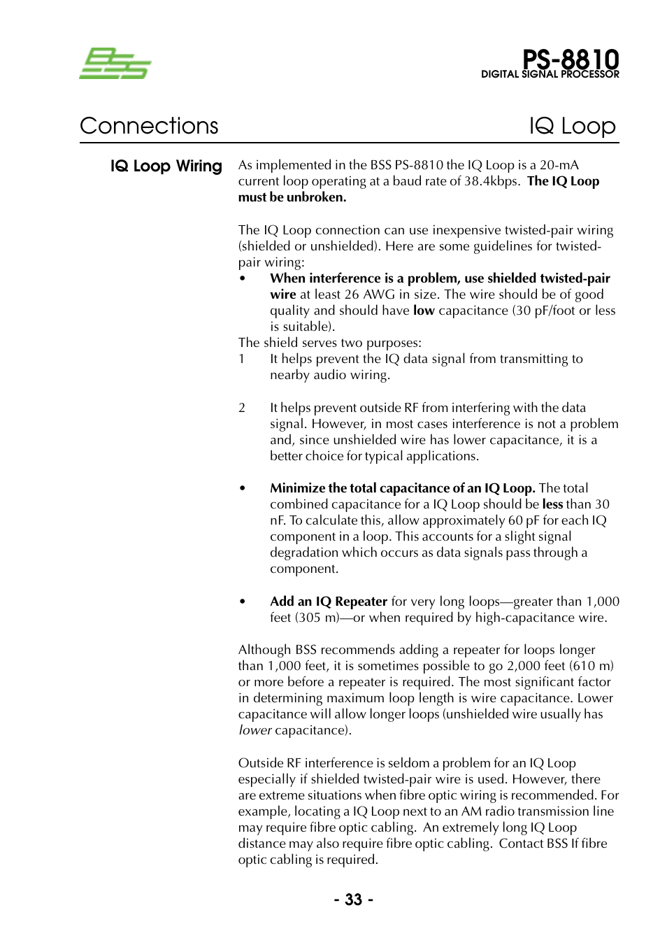 Iq loop wiring, Ps-8810, Connections iq loop | BSS Audio Prosys PS-8810 Owner's Manual User Manual | Page 33 / 121