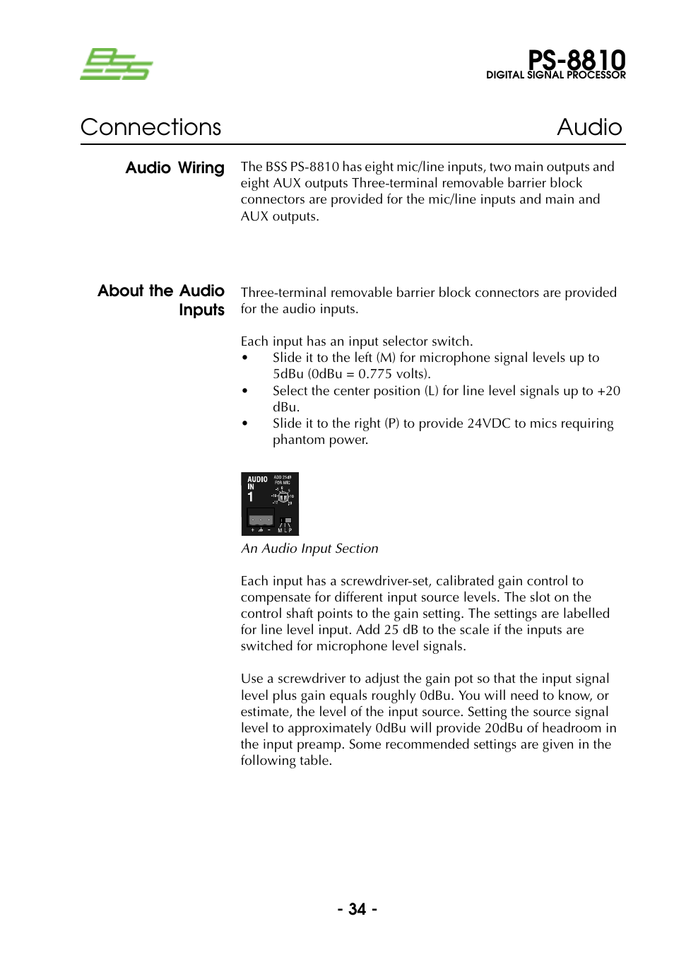 Audio wiring, About the audio inputs, Audio wiring about the audio inputs | Ps-8810, Connections audio | BSS Audio Prosys PS-8810 Owner's Manual User Manual | Page 34 / 121