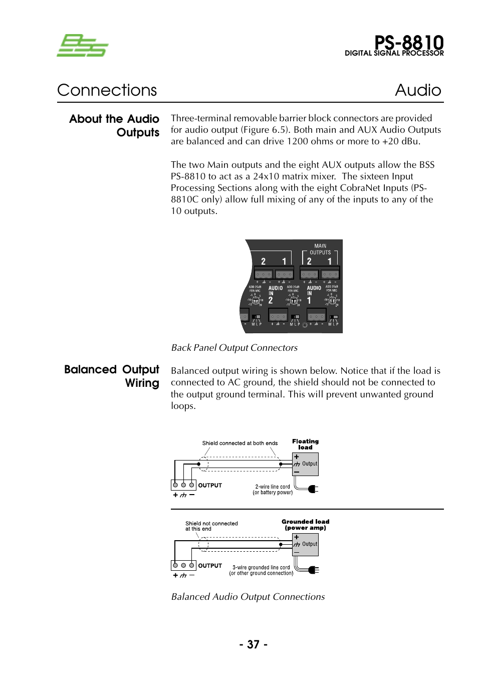 About the audio outputs, Balanced output wiring, About the audio outputs balanced output wiring | Ps-8810, Connections audio | BSS Audio Prosys PS-8810 Owner's Manual User Manual | Page 37 / 121