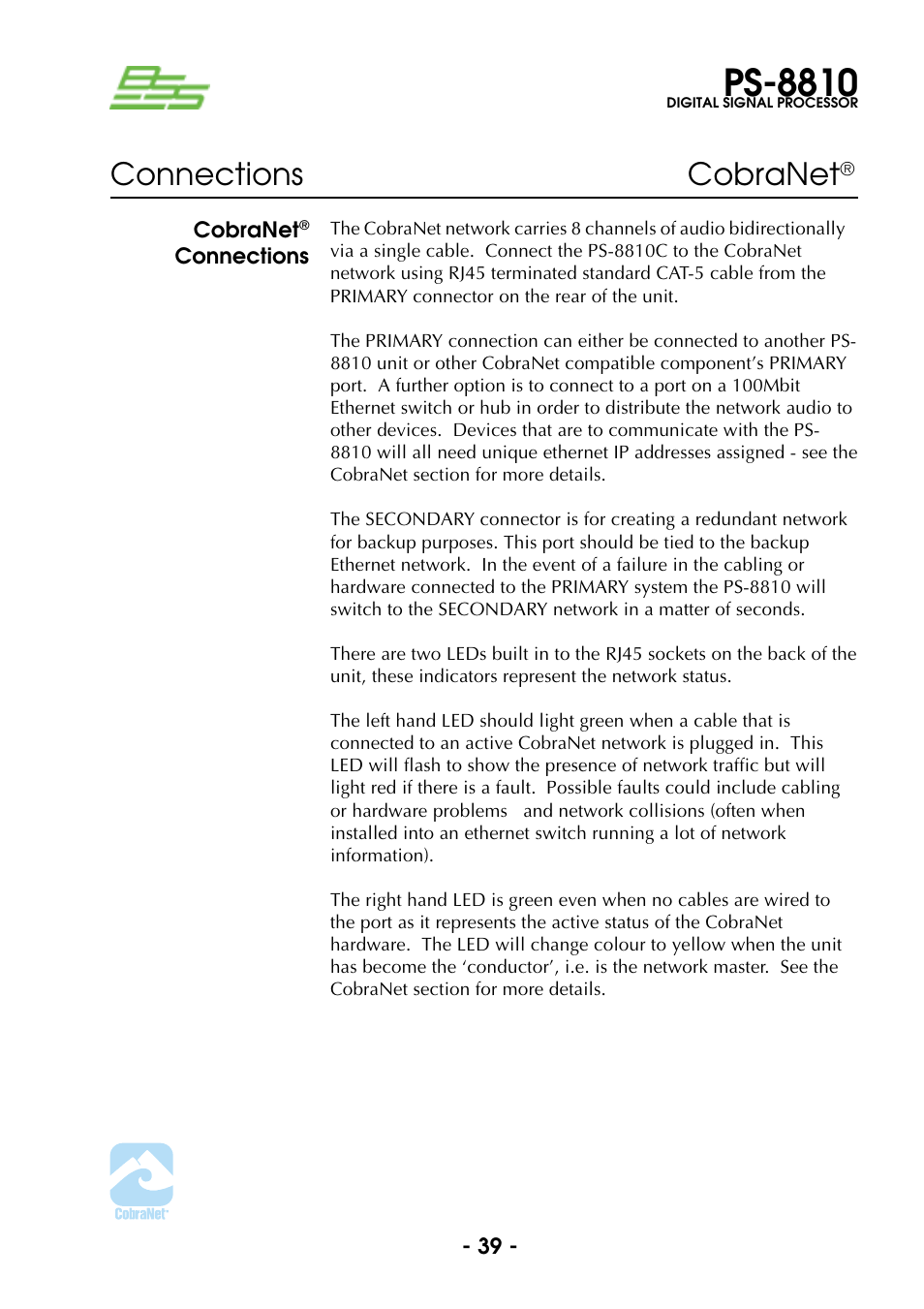 Cobranet® connections, Ps-8810, Connections cobranet | BSS Audio Prosys PS-8810 Owner's Manual User Manual | Page 39 / 121