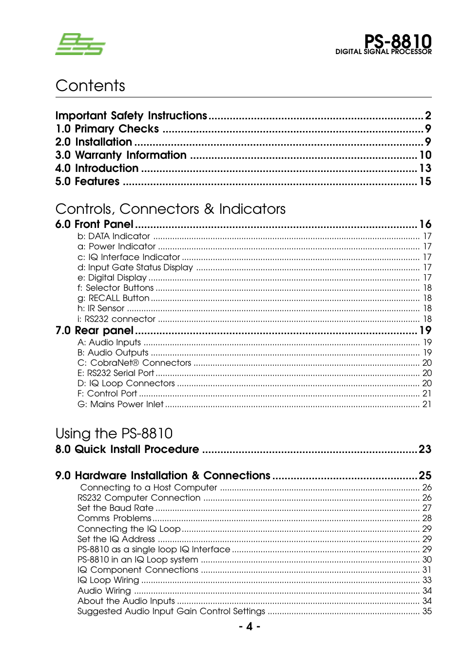 BSS Audio Prosys PS-8810 Owner's Manual User Manual | Page 4 / 121