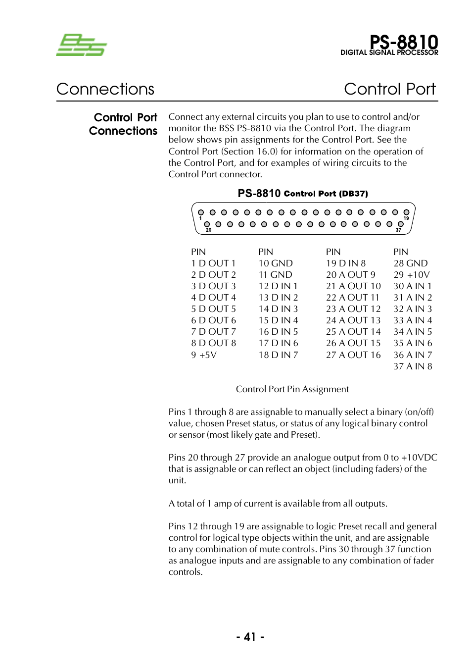 Control port connections, Ps-8810, Connections control port | BSS Audio Prosys PS-8810 Owner's Manual User Manual | Page 41 / 121