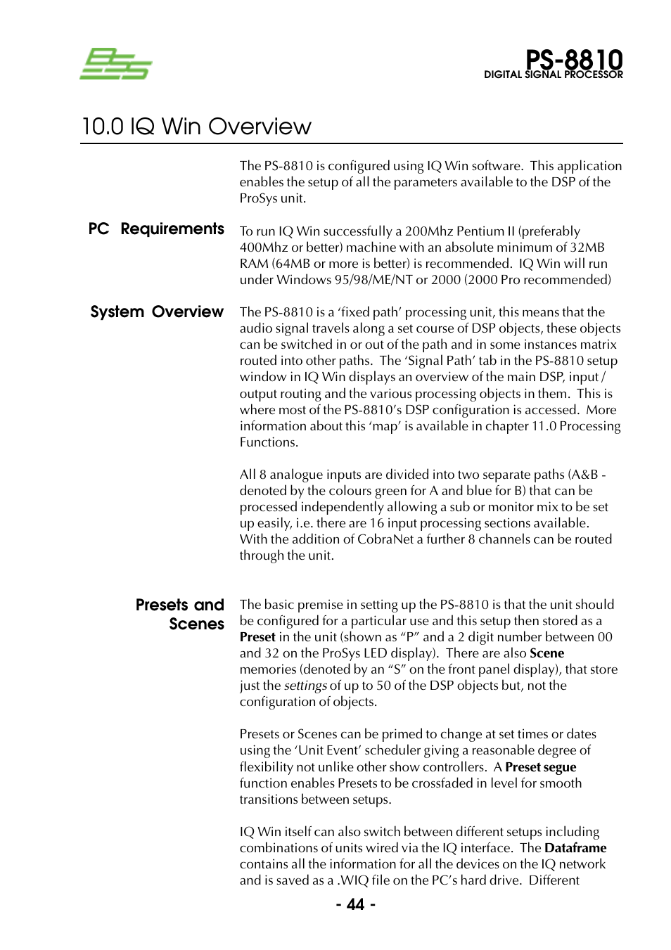 Pc requirements, System overview, Presets and scenes | Iq win overview, Pc requirements system overview presets and scenes, 0 iq win overview, Ps-8810 | BSS Audio Prosys PS-8810 Owner's Manual User Manual | Page 44 / 121