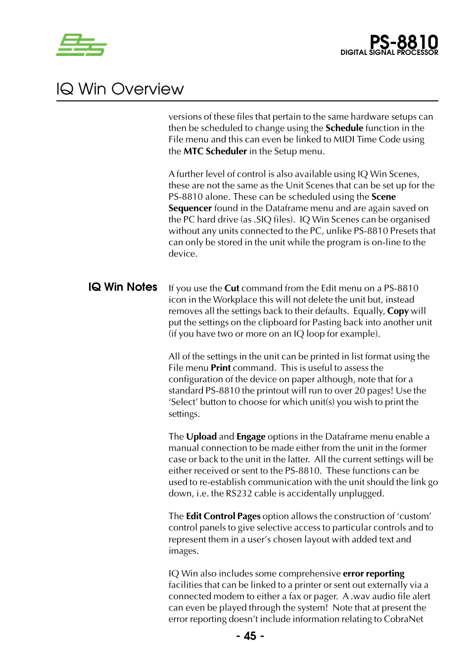 Ps-8810, Iq win overview | BSS Audio Prosys PS-8810 Owner's Manual User Manual | Page 45 / 121