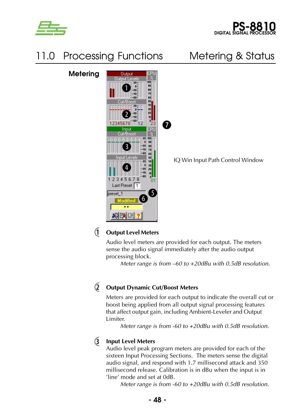 Processing functions, Output level meters, Output dynamic cut/boost meters | Input level meters, Metering & status, Ps-8810, 0 processing functions metering & status | BSS Audio Prosys PS-8810 Owner's Manual User Manual | Page 48 / 121