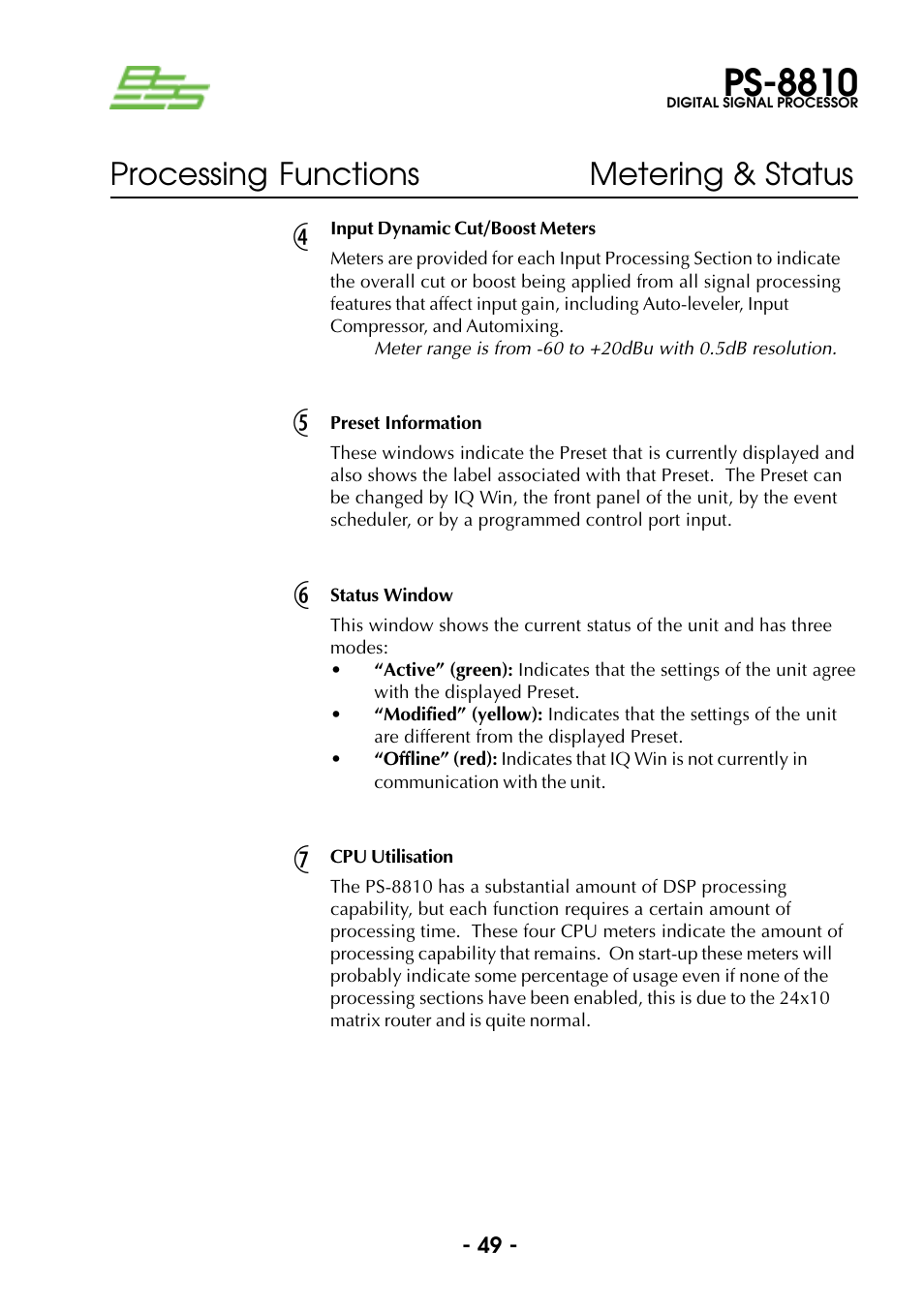 Input dynamic cut/boost meters, Preset information, Status window | Cpu utilisation, Preset information status window cpu utilisation, Ps-8810, Processing functions metering & status | BSS Audio Prosys PS-8810 Owner's Manual User Manual | Page 49 / 121