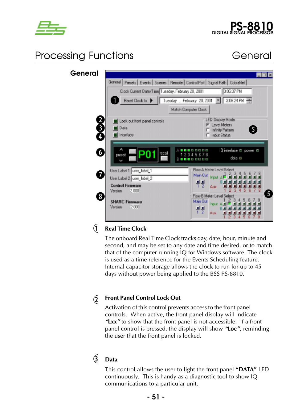 General, Real time clock, Front panel control lock out | Data, Real time clock front panel control lock out data, Ps-8810 | BSS Audio Prosys PS-8810 Owner's Manual User Manual | Page 51 / 121
