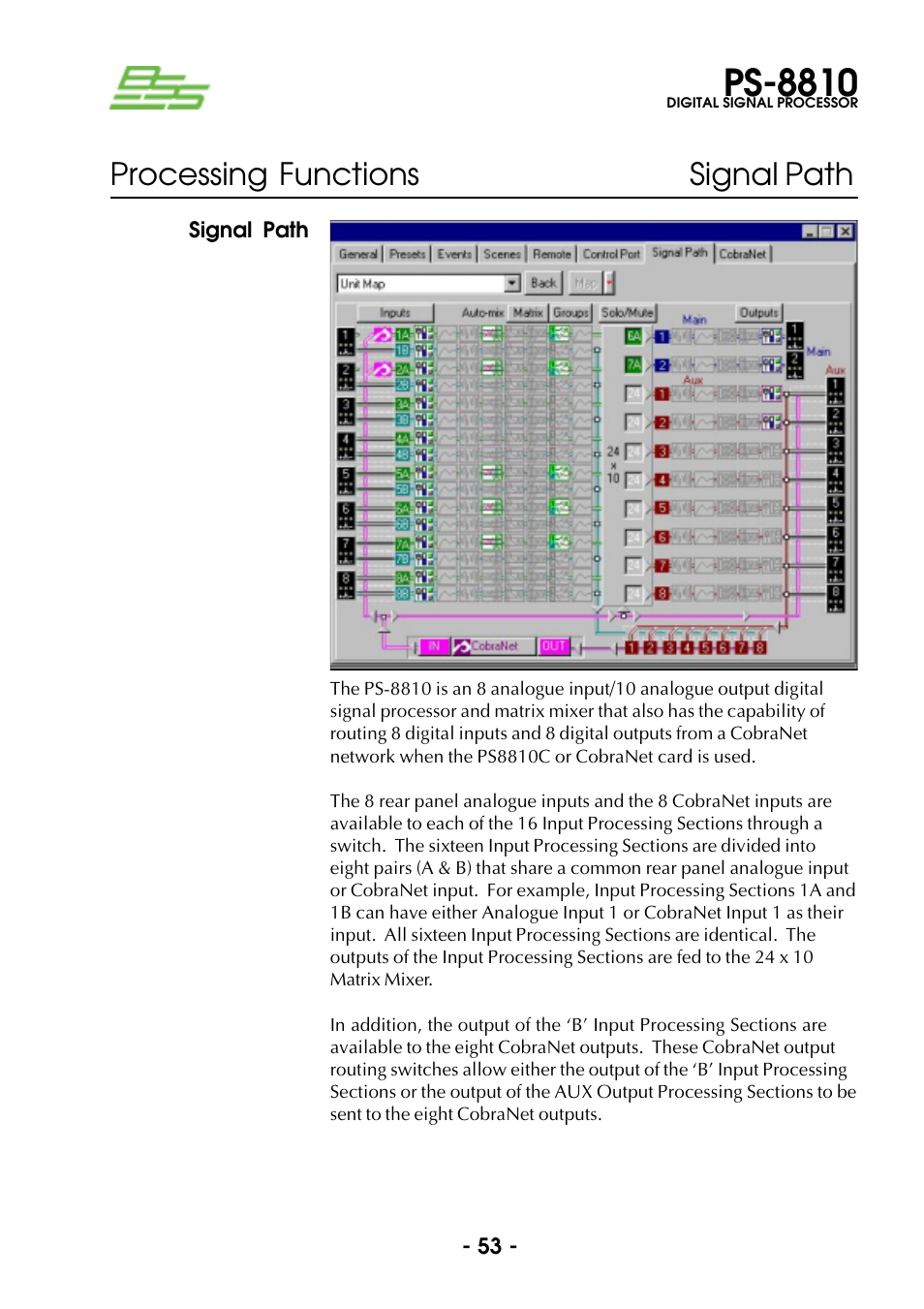 Signal path, Ps-8810, Processing functions signal path | BSS Audio Prosys PS-8810 Owner's Manual User Manual | Page 53 / 121