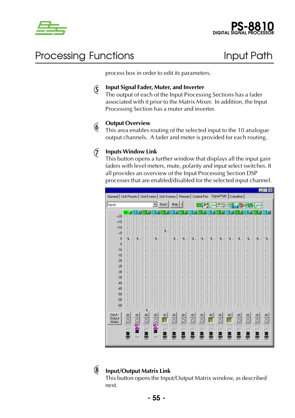 Input signal fader, muter, and inverter, Output overview, Inputs window link | Input/output matrix link, Inputs window link input/output matrix link, Ps-8810, Processing functions input path | BSS Audio Prosys PS-8810 Owner's Manual User Manual | Page 55 / 121