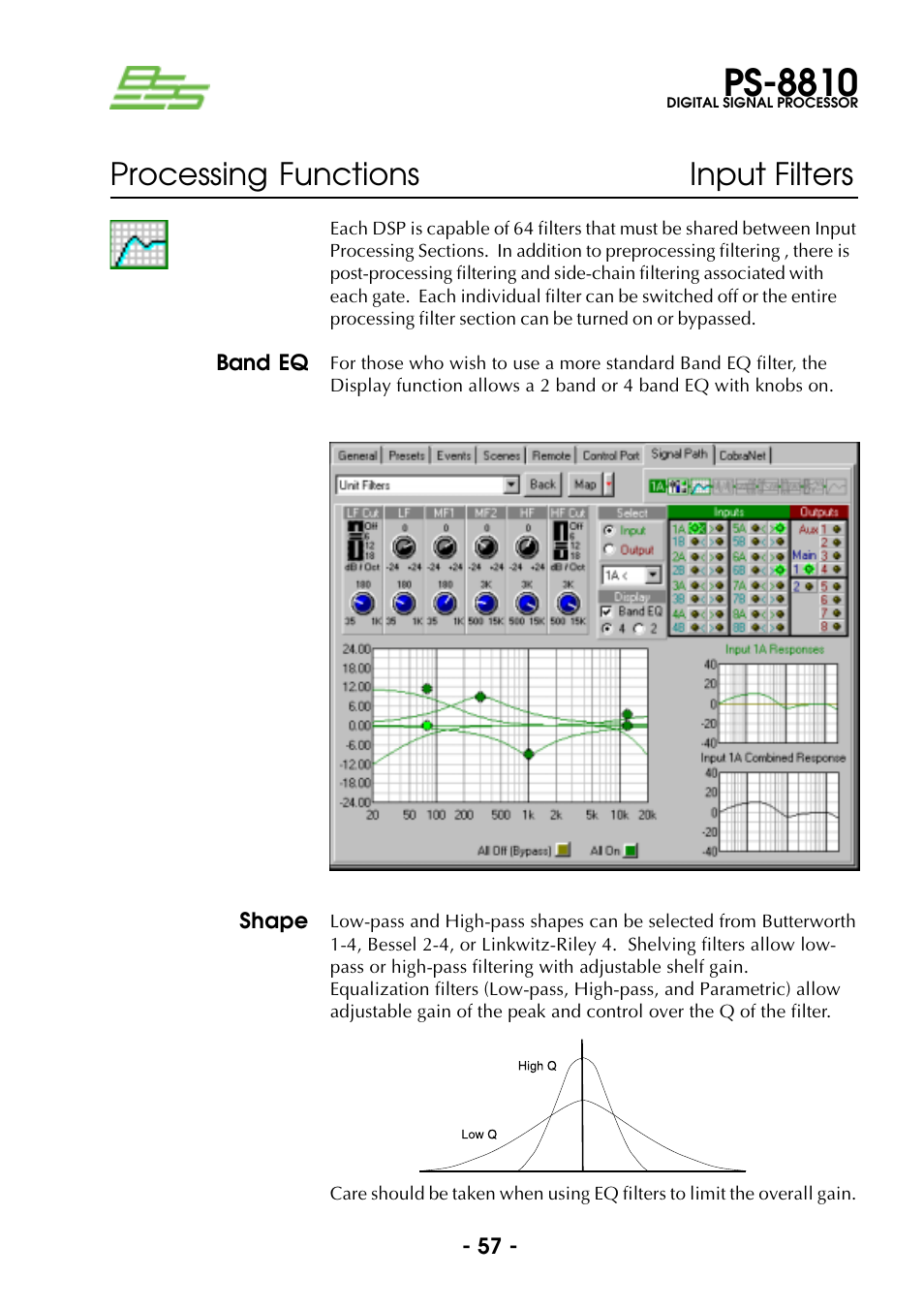 Band eq, Shape, Band eq shape | Ps-8810, Processing functions input filters | BSS Audio Prosys PS-8810 Owner's Manual User Manual | Page 57 / 121