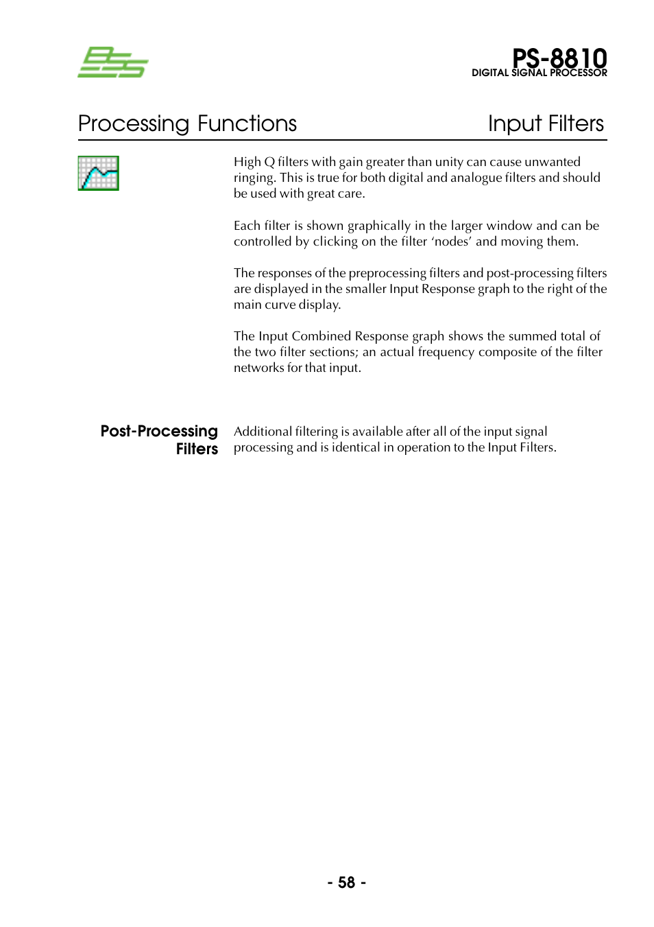 Post-processing filters, Ps-8810, Processing functions input filters | BSS Audio Prosys PS-8810 Owner's Manual User Manual | Page 58 / 121