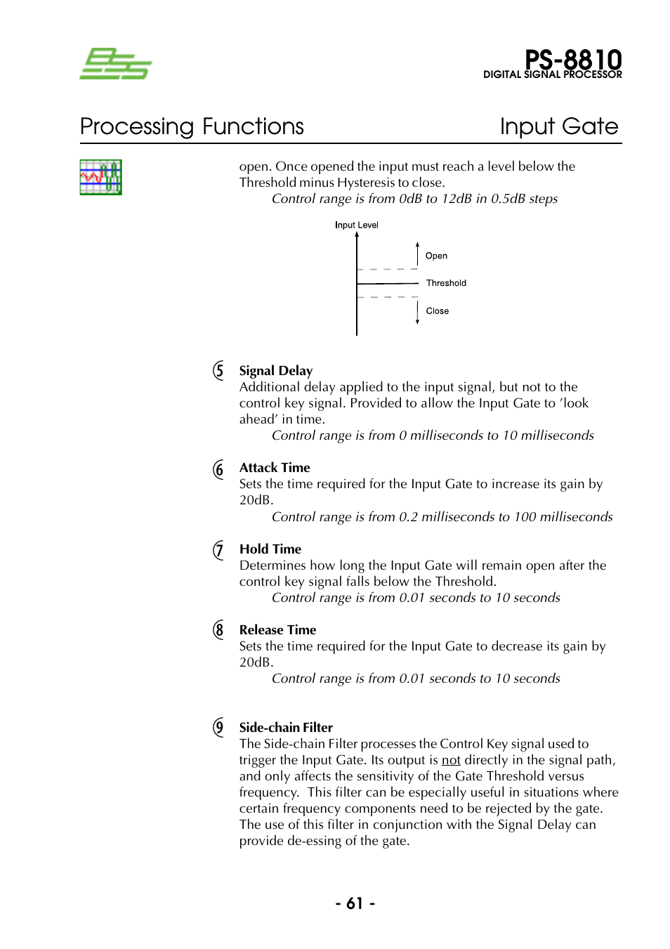 Signal delay, Attack time, Hold time | Release time, Side-chain filter, Ps-8810, Processing functions input gate | BSS Audio Prosys PS-8810 Owner's Manual User Manual | Page 61 / 121