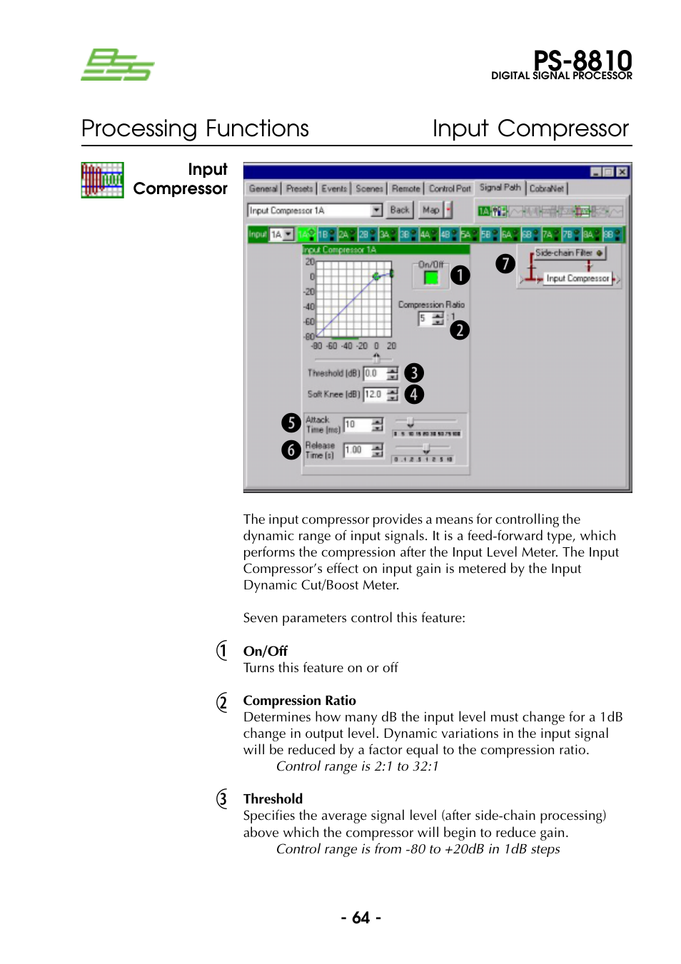 Input compressor, On/off, Compression ratio | Threshold, On/off compression ratio threshold, Ps-8810, Processing functions input compressor | BSS Audio Prosys PS-8810 Owner's Manual User Manual | Page 64 / 121