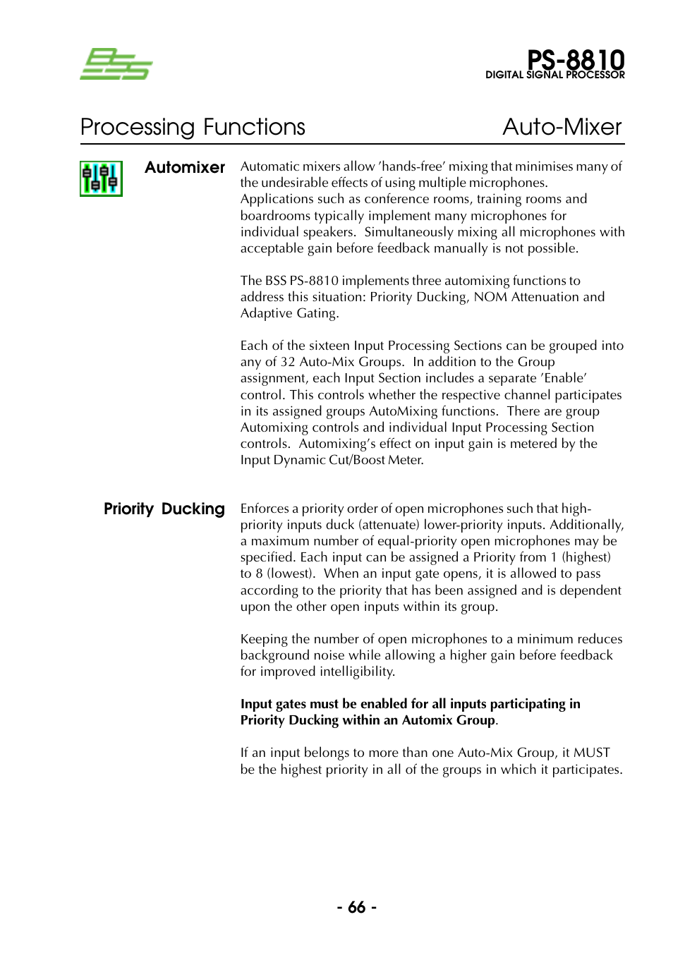 Priority ducking, Automixer, Ps-8810 | Processing functions auto-mixer | BSS Audio Prosys PS-8810 Owner's Manual User Manual | Page 66 / 121
