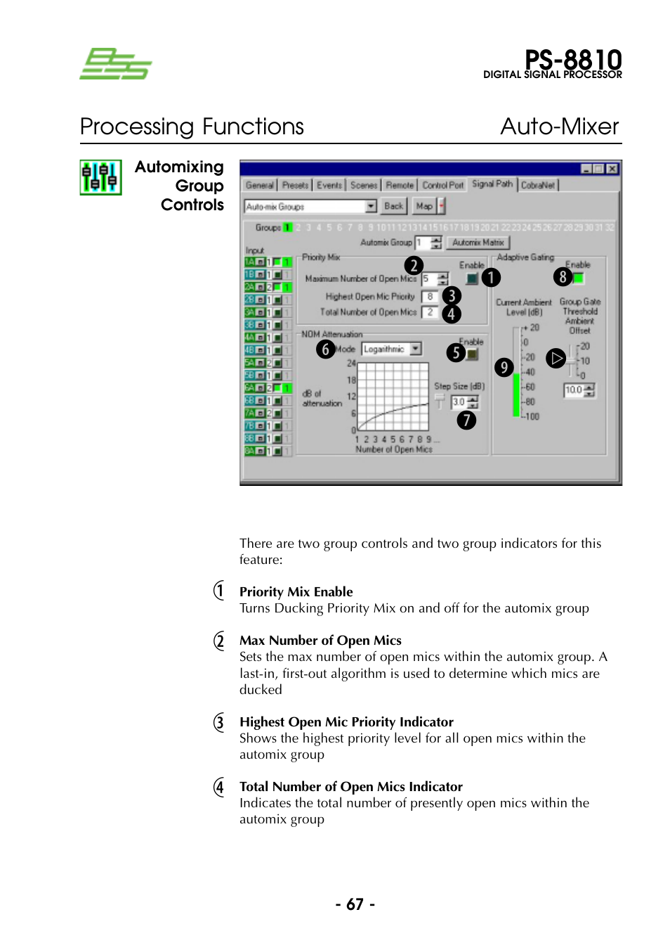 Automixing group controls, Priority mix enable, Max number of open mics | Highest open mic priority indicator, Total number of open mics indicator, Ps-8810 | BSS Audio Prosys PS-8810 Owner's Manual User Manual | Page 67 / 121