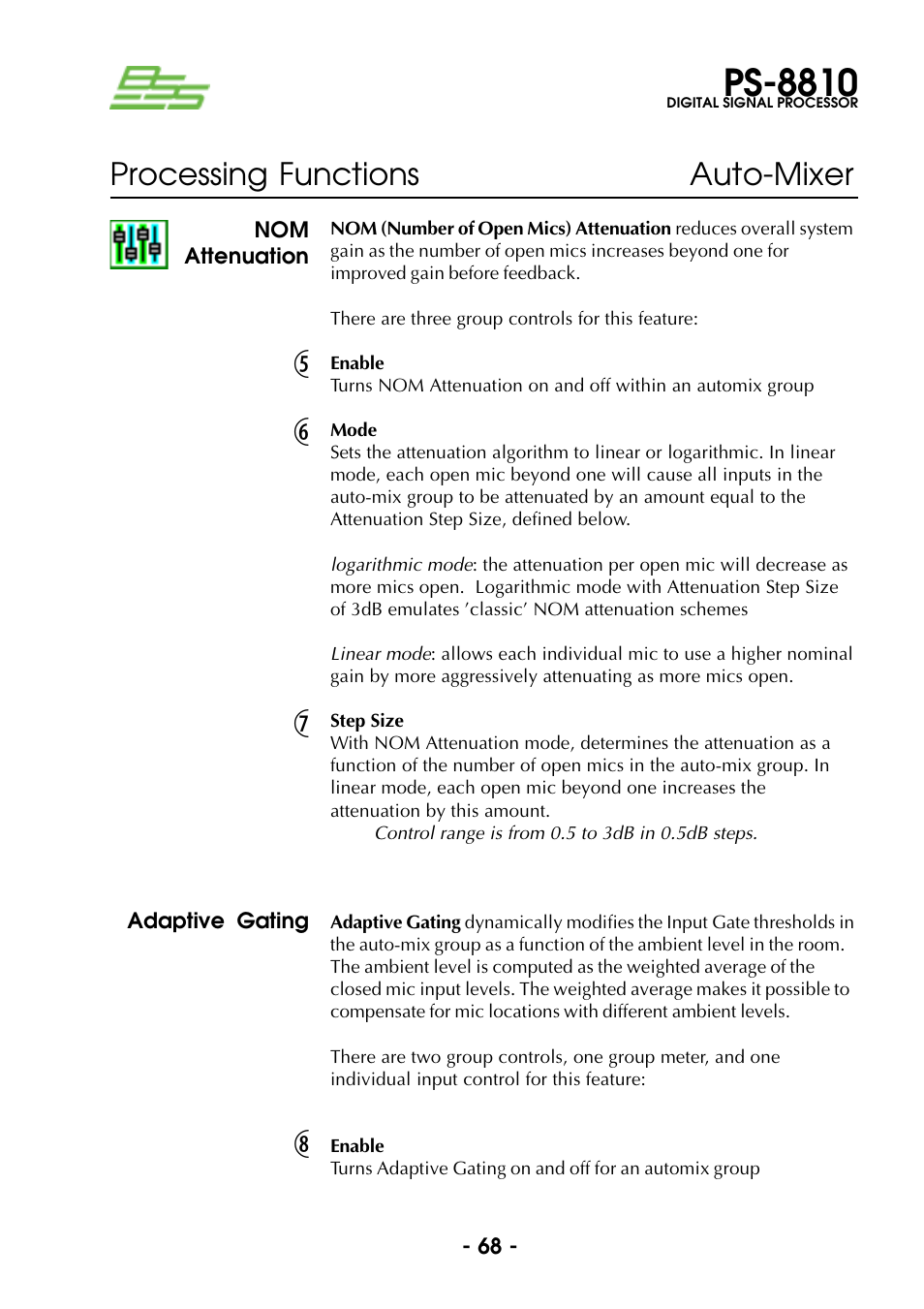 Nom attenuation, Adaptive gating, Enable | Mode, Step size, Adaptive gating enable, Mode step size enable, Ps-8810, Processing functions auto-mixer | BSS Audio Prosys PS-8810 Owner's Manual User Manual | Page 68 / 121