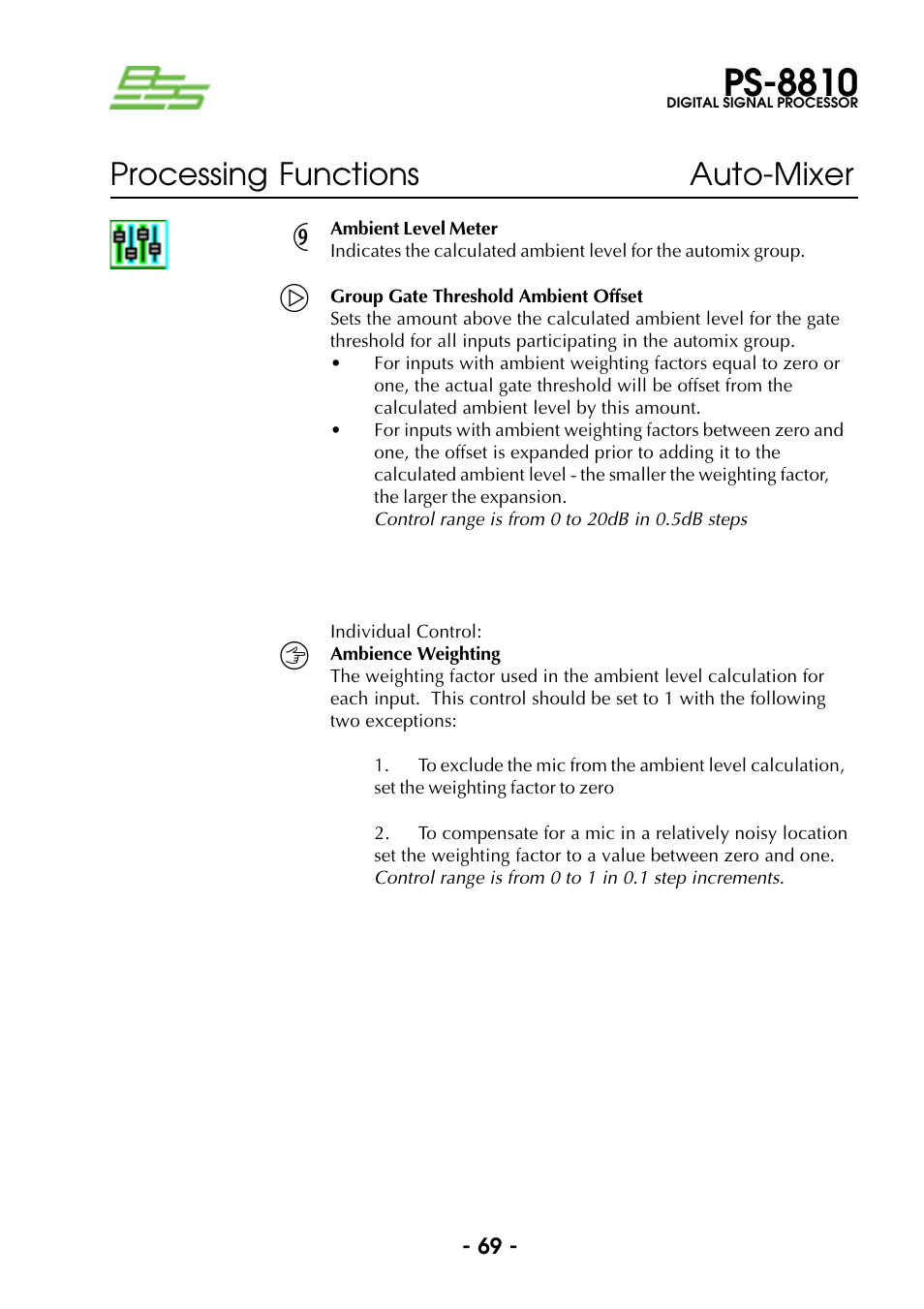 Ambient level meter, Group gate threshold ambient offset, Ambience weighting | Ps-8810, Processing functions auto-mixer | BSS Audio Prosys PS-8810 Owner's Manual User Manual | Page 69 / 121