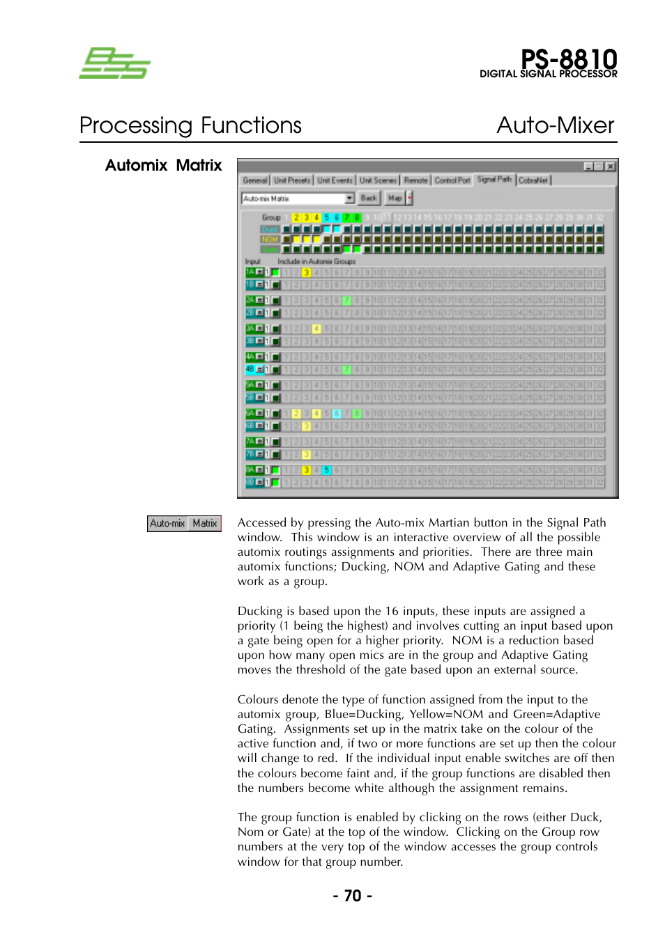 Automix matrix, Ps-8810, Processing functions auto-mixer | BSS Audio Prosys PS-8810 Owner's Manual User Manual | Page 70 / 121