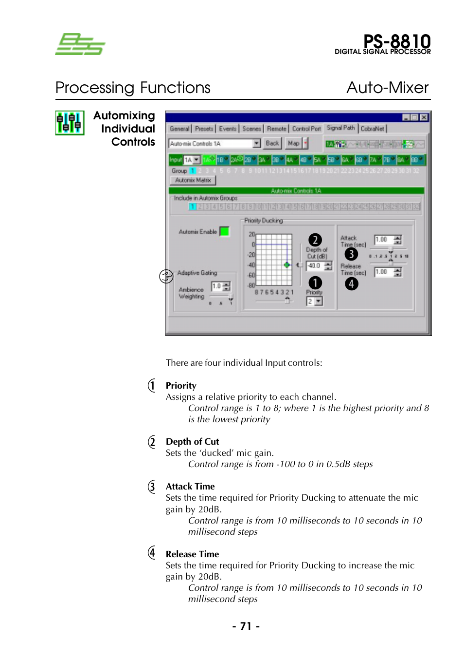 Automixing individual controls, Priority, Depth of cut | Attack time, Release time, Priority depth of cut attack time release time, Ps-8810, Bc d e / 1 2 3 4, Processing functions auto-mixer | BSS Audio Prosys PS-8810 Owner's Manual User Manual | Page 71 / 121