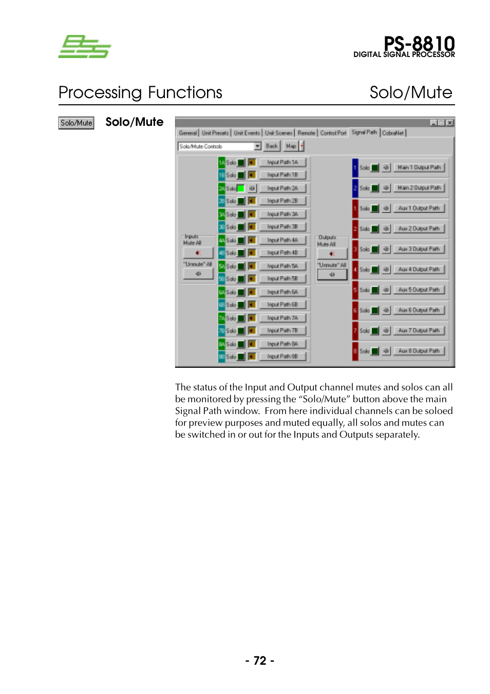 Solo/mute, Ps-8810, Processing functions solo/mute | BSS Audio Prosys PS-8810 Owner's Manual User Manual | Page 72 / 121