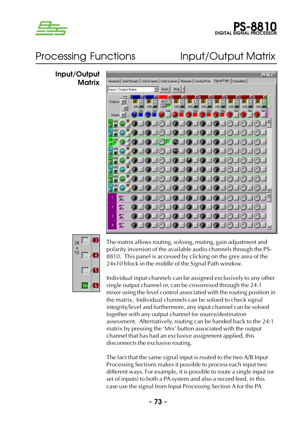 Input/output matrix, Ps-8810, Processing functions input/output matrix | BSS Audio Prosys PS-8810 Owner's Manual User Manual | Page 73 / 121