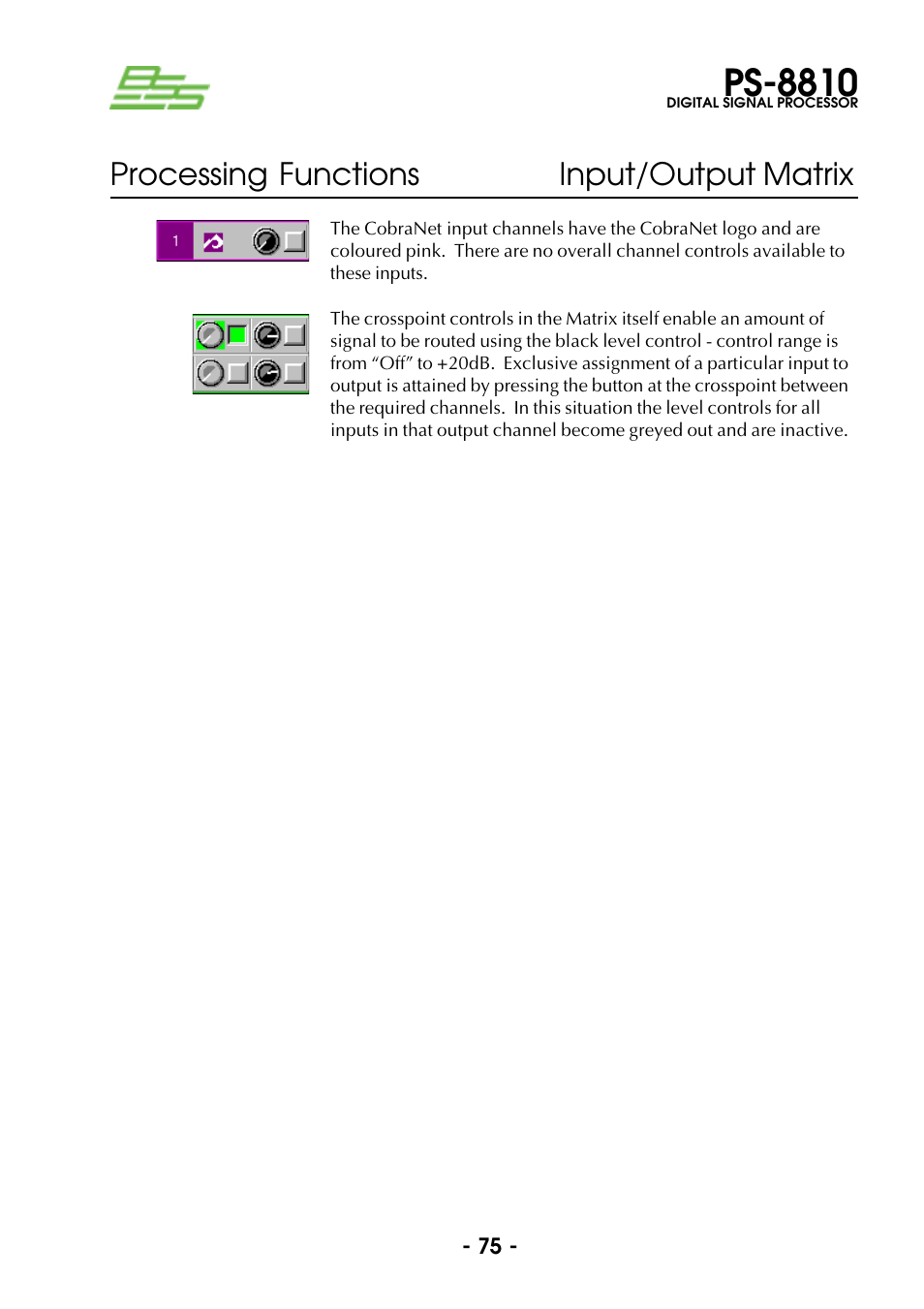 Ps-8810, Processing functions input/output matrix | BSS Audio Prosys PS-8810 Owner's Manual User Manual | Page 75 / 121