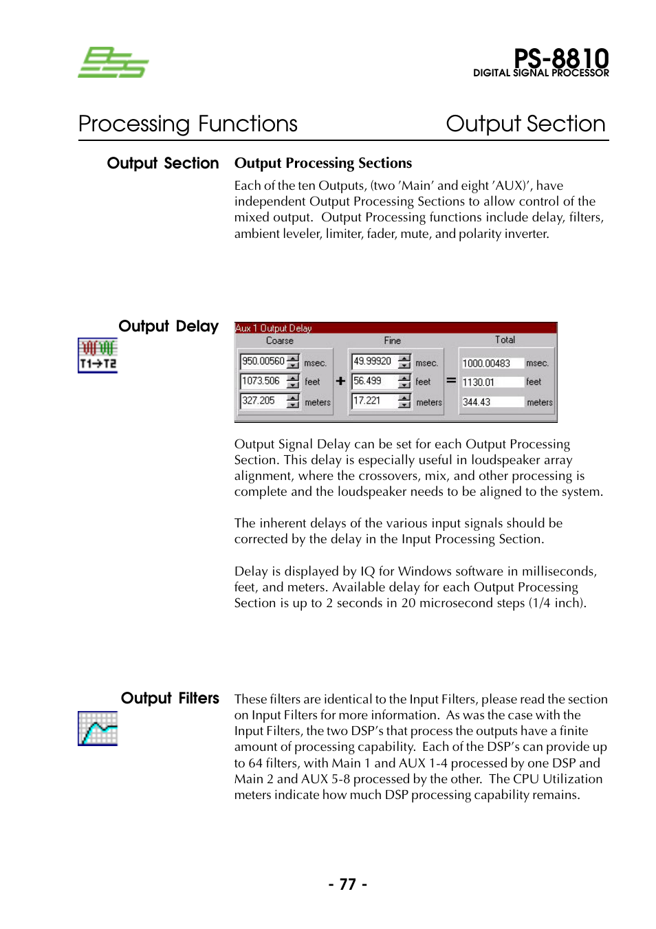 Output section, Output delay, Output filters | Output section output delay output filters, Ps-8810 | BSS Audio Prosys PS-8810 Owner's Manual User Manual | Page 77 / 121