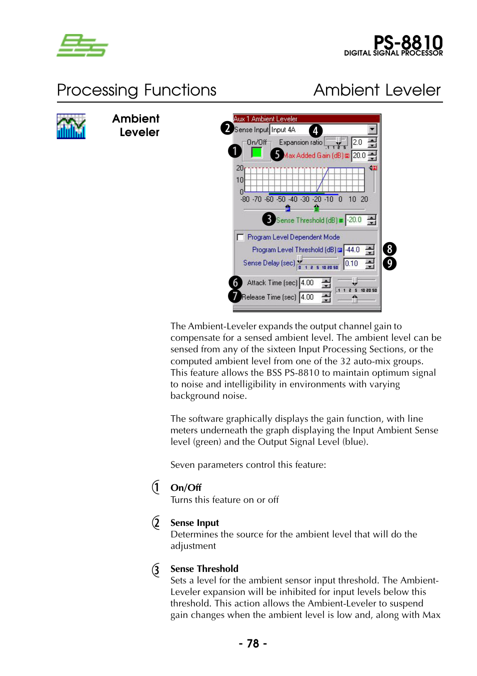 Ambient leveler, On/off, Sense input | Sense threshold, On/off sense input sense threshold, Ps-8810 | BSS Audio Prosys PS-8810 Owner's Manual User Manual | Page 78 / 121