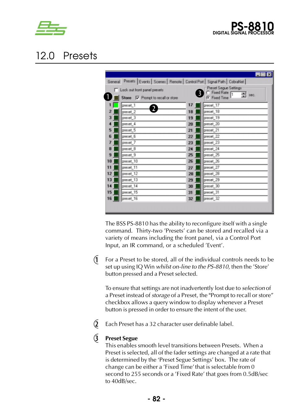 0 presets, Preset segue, Ps-8810 | Bc d 1 2 3 | BSS Audio Prosys PS-8810 Owner's Manual User Manual | Page 82 / 121