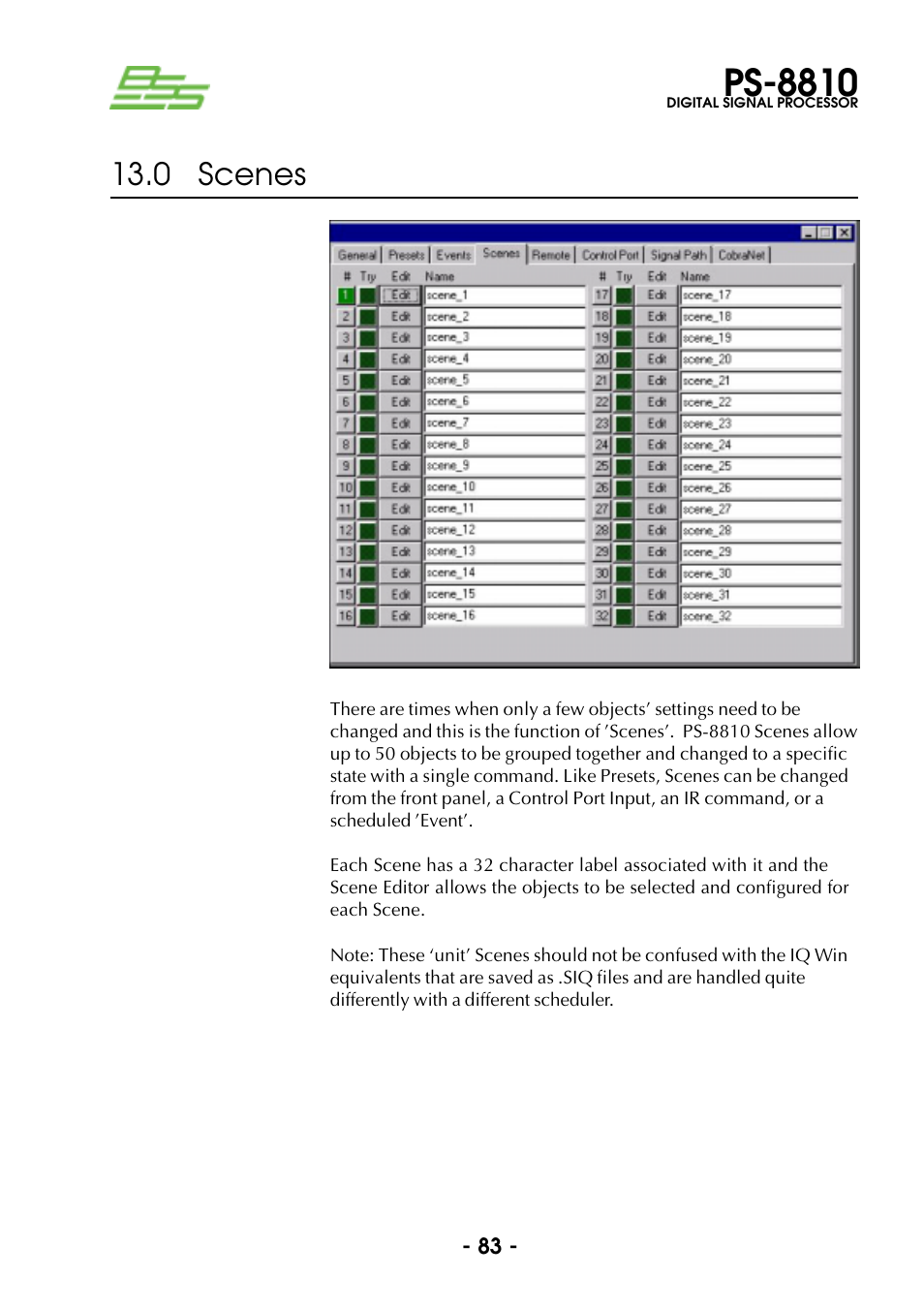 Scenes, 0 scenes, Ps-8810 | BSS Audio Prosys PS-8810 Owner's Manual User Manual | Page 83 / 121