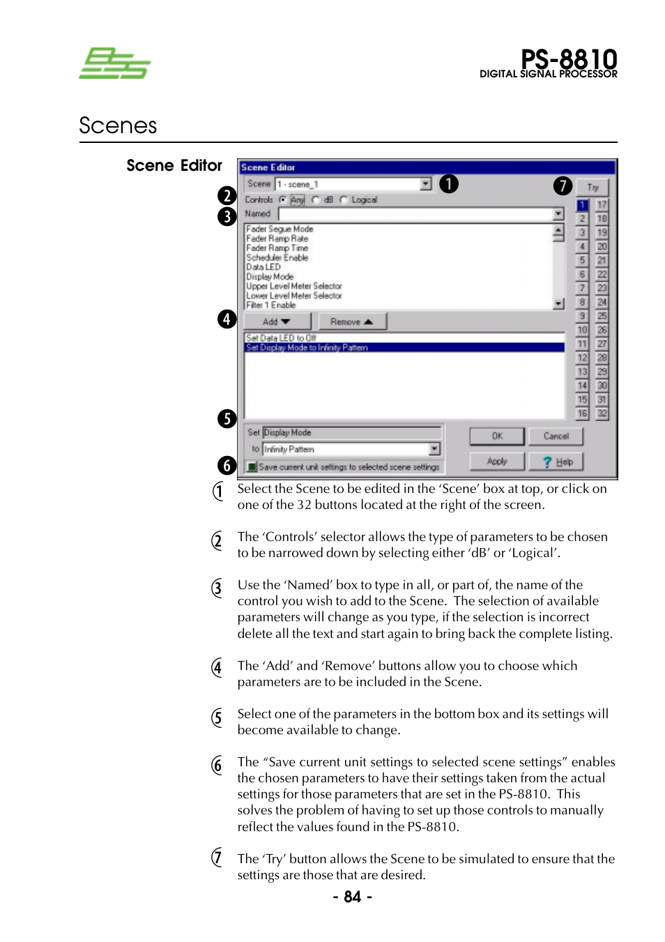 Scene editor, Ps-8810, Bc 1 2 | BSS Audio Prosys PS-8810 Owner's Manual User Manual | Page 84 / 121