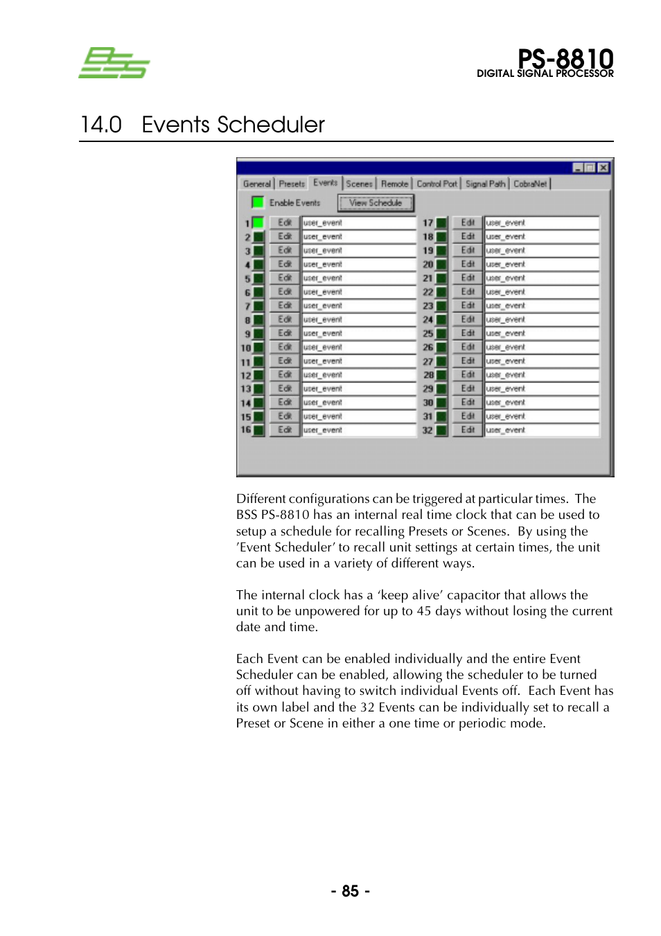 Events scheduler, 0 events scheduler, Ps-8810 | BSS Audio Prosys PS-8810 Owner's Manual User Manual | Page 85 / 121