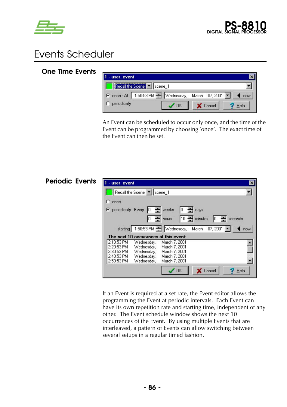 One time events, Periodic events, One time events periodic events | Ps-8810, Events scheduler | BSS Audio Prosys PS-8810 Owner's Manual User Manual | Page 86 / 121