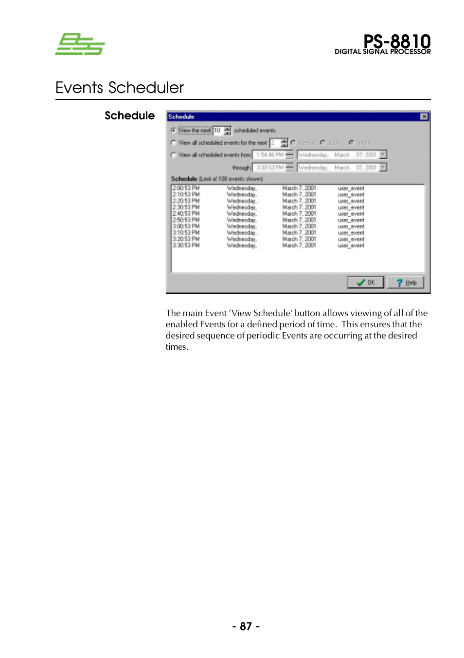 Schedule, Ps-8810, Events scheduler | BSS Audio Prosys PS-8810 Owner's Manual User Manual | Page 87 / 121