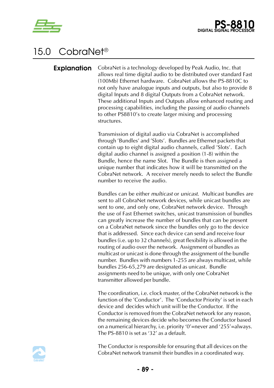 Explanation, 0 cobranet, Ps-8810 | BSS Audio Prosys PS-8810 Owner's Manual User Manual | Page 89 / 121